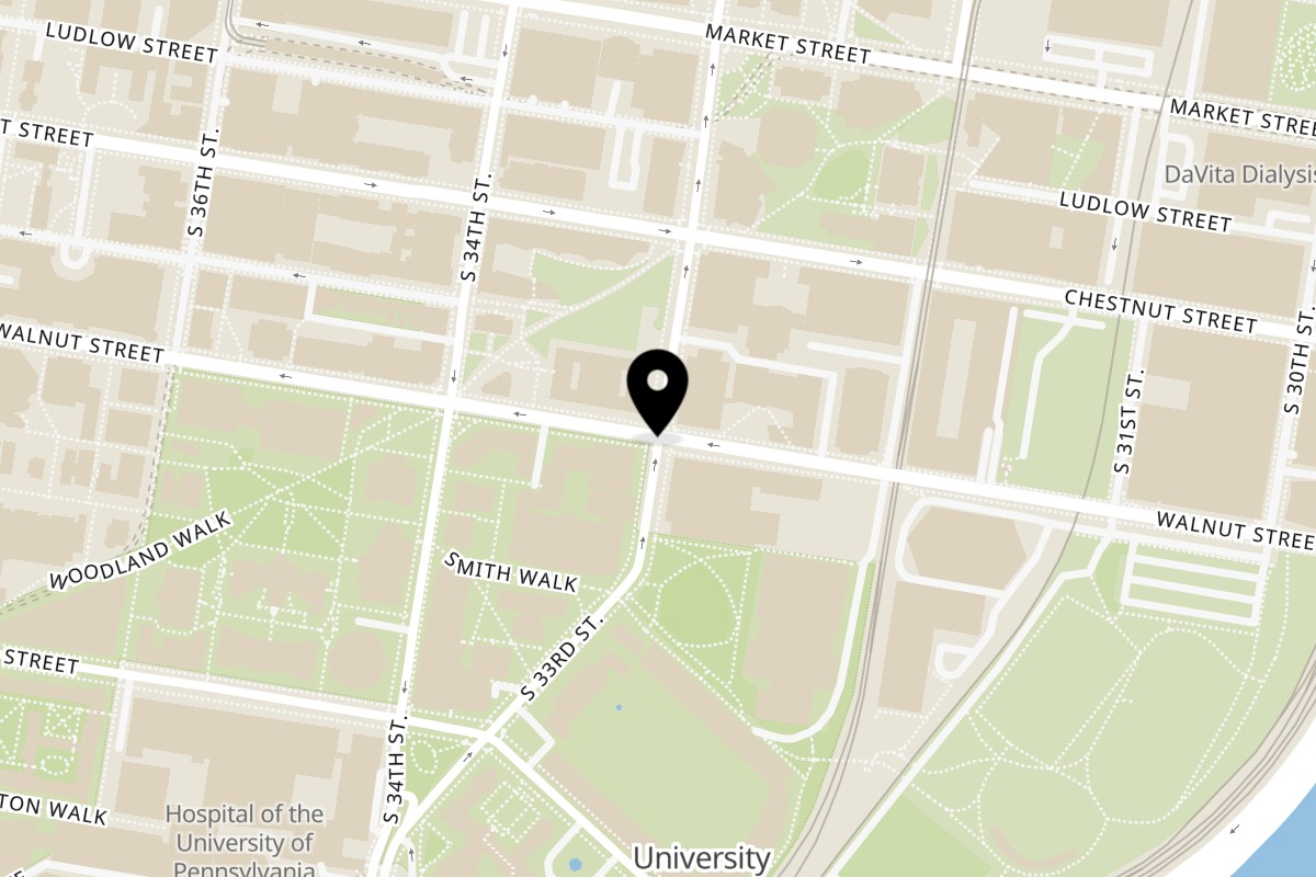 Map showing the location of Taquería Dos Hermanos Food Cart on Walnut St & S 33rd St in Philadelphia